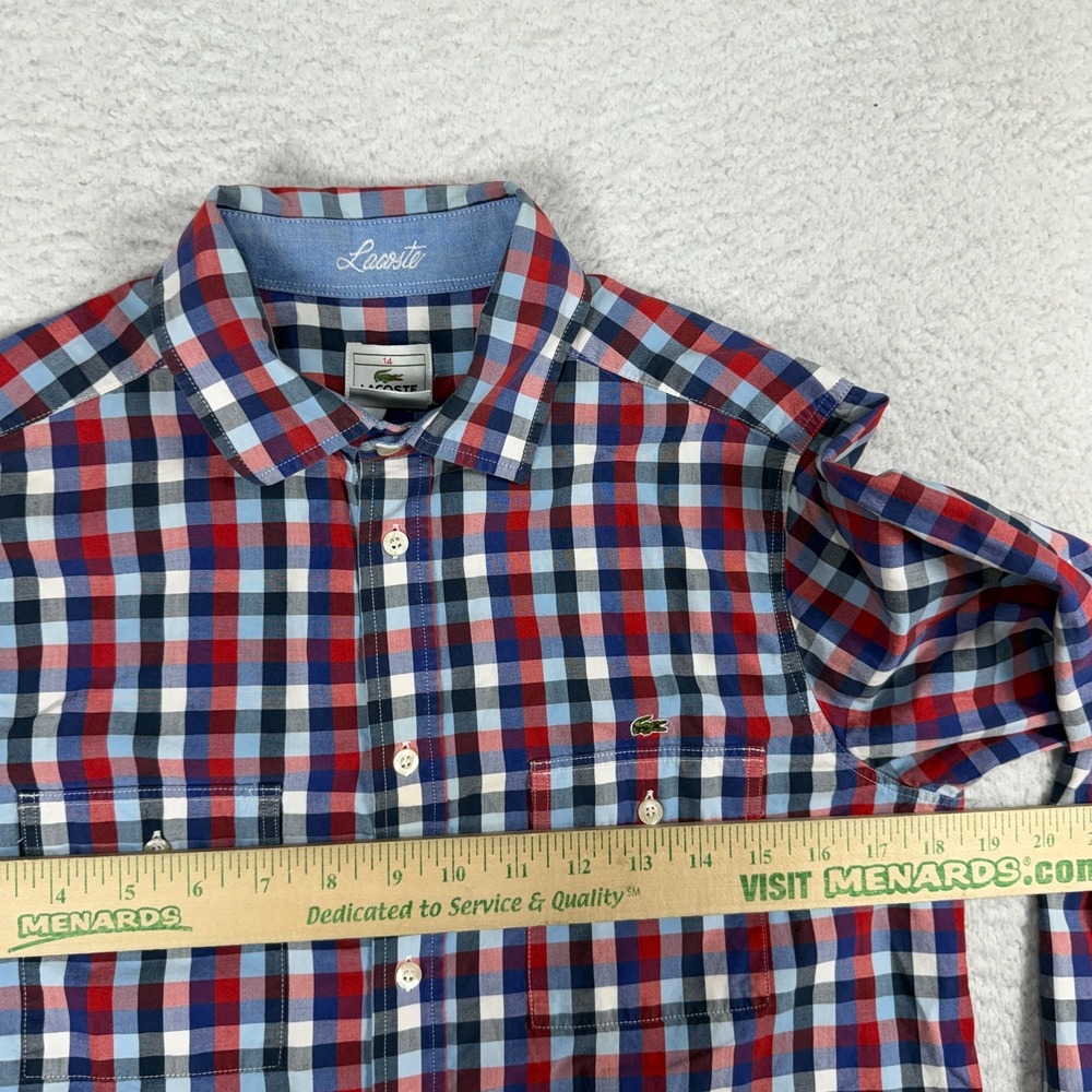 Lacoste Boys Button Up Red Blue Plaid Size 14 Premium Dress Shirt Long Sleeve - Picture 3 of 7